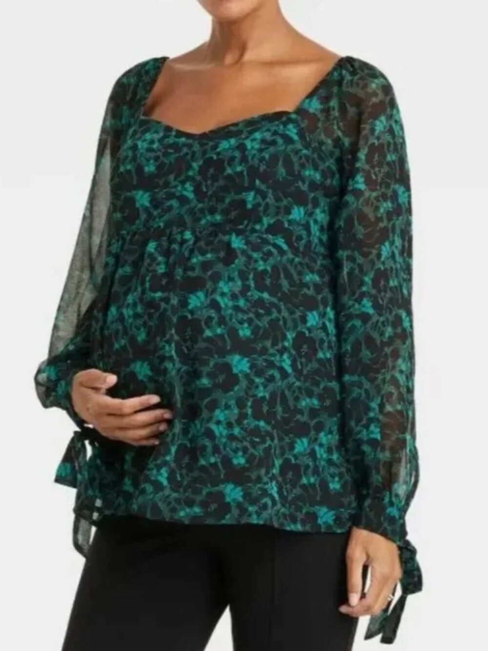 Isabel Maternity Green Black Floral Chiffon Blouse Size Medium